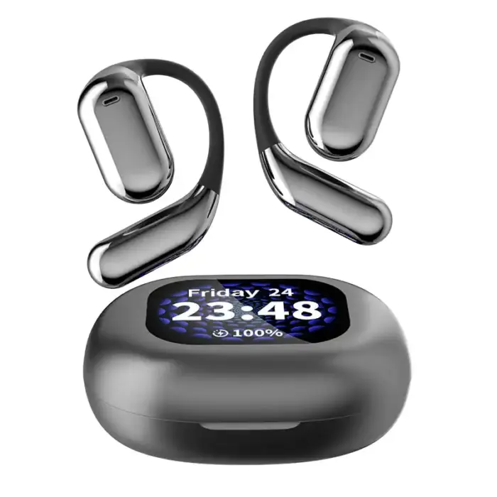 Open-Ear Clip Sport Earbuds – Smart Display Case, Waterproof, BT 5.4
